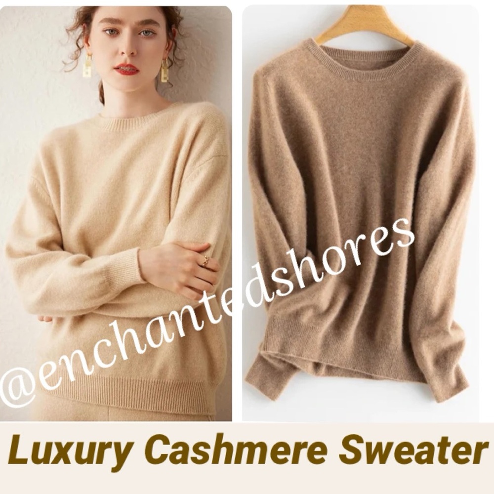 Cashmere Luxury Soft Knit Sweater Round Crewneck Minimalist Beige Size Medium